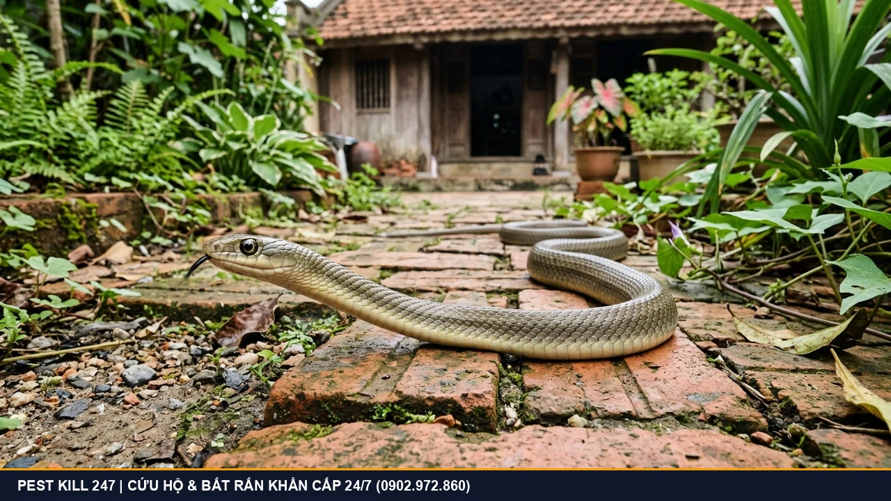 Rắn ráo thường Ptyas korros bò vào sân vườn nhà dân không có nọc độc